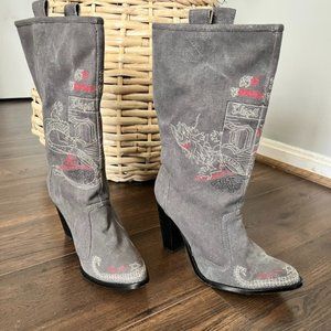 Diesel Mesa Cowboy Boots, Grey, Embroidered Canvas/Denim -  Size 9.5 super nice!